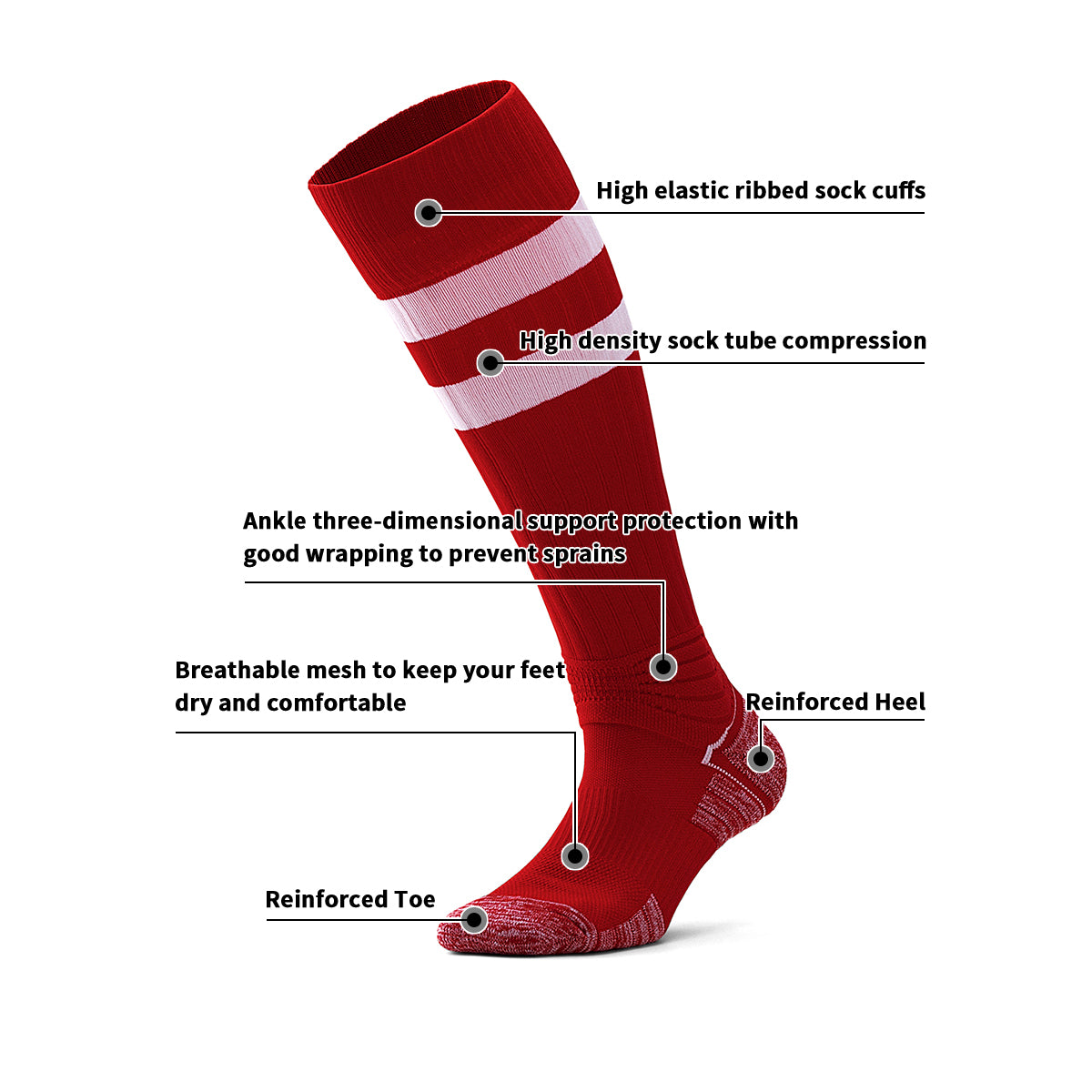 Red White Campus League Soccer Socks | School Team Home Uniform Socks