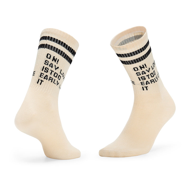 50 Pairs MOQ Custom Neutral Beige Crew Socks | Vintage Striped Letter Print Socks for Minimalist & Unisex Brands