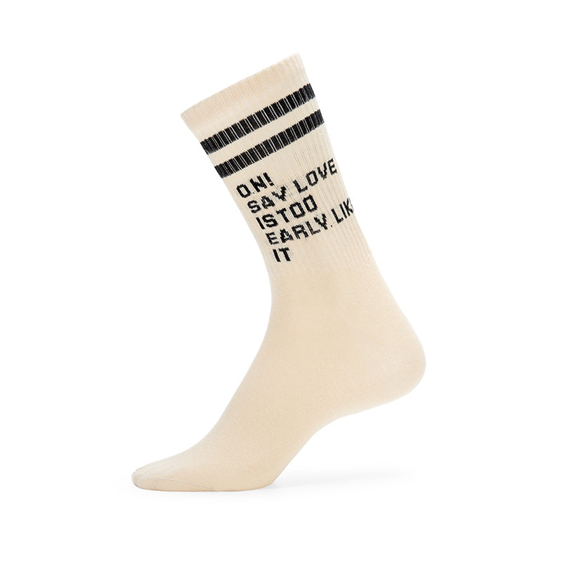50 Pairs MOQ Custom Neutral Beige Crew Socks | Vintage Striped Letter Print Socks for Minimalist & Unisex Brands