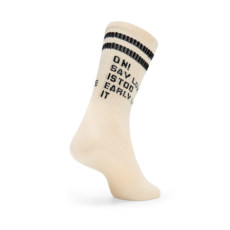 50 Pairs MOQ Custom Neutral Beige Crew Socks | Vintage Striped Letter Print Socks for Minimalist & Unisex Brands
