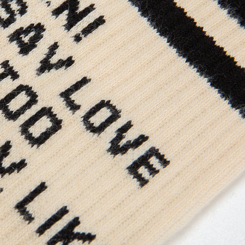 50 Pairs MOQ Custom Neutral Beige Crew Socks | Vintage Striped Letter Print Socks for Minimalist & Unisex Brands