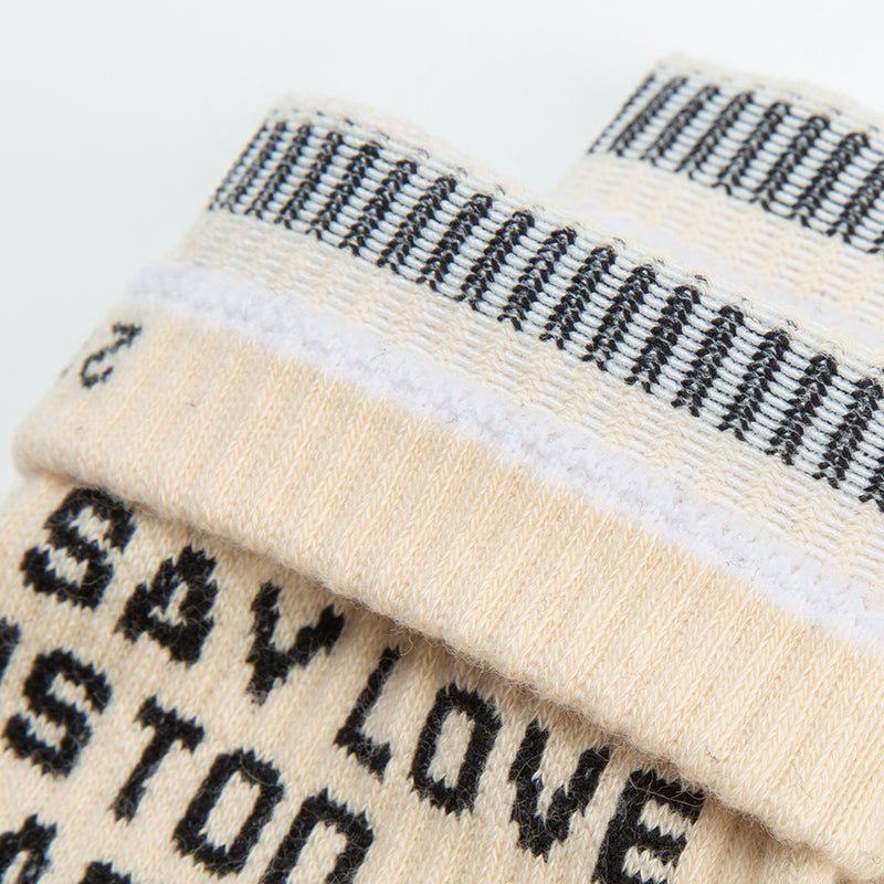 50 Pairs MOQ Custom Neutral Beige Crew Socks | Vintage Striped Letter Print Socks for Minimalist & Unisex Brands